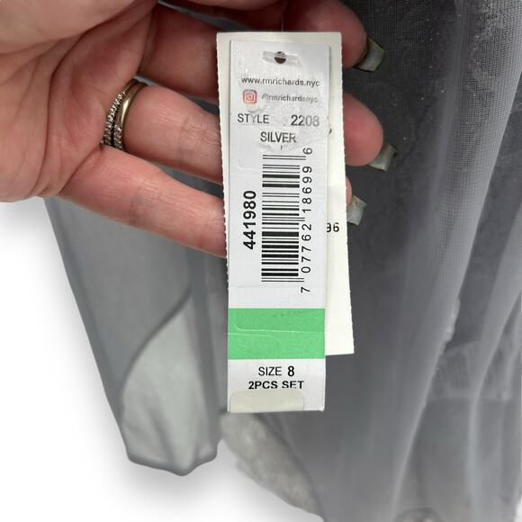 NEW R&M Richards Dress Set Size 8 Gray Cascading 3/4 Sleeve Lace Jacket Cardigan - Picture 15 of 16